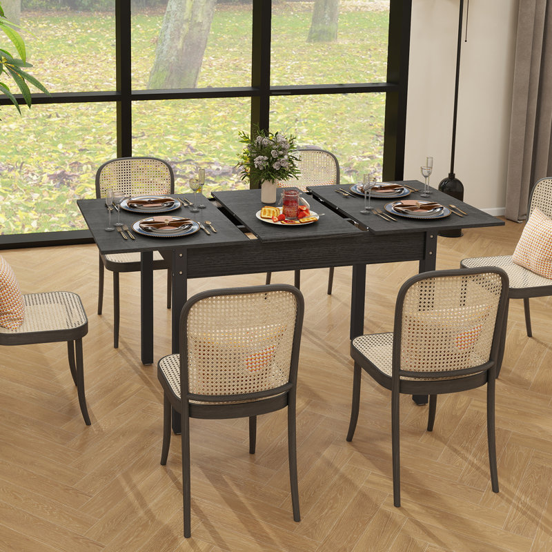 Extendable Dining Table With Large Tabletop, Kitchen Wood Desk With 4-8 Seats, Space Saving, Wood, Black