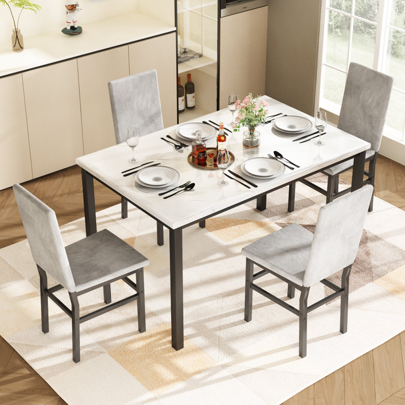 5-piece Faux Marble Dining Set,4 Upholstered Pu Chairs, Modern Kitchen Table Furniture For Dining Room,compact Space-saving Faux Marble Tabletop