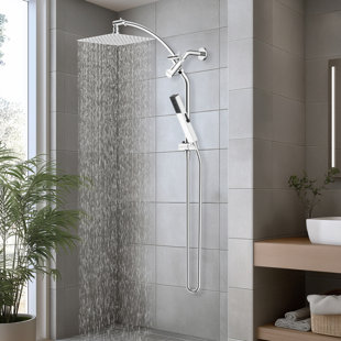 High pressure metal 10-inch rainfall shower head/ handheld shower combo, 4-setting handheld sprayer, 12-inch adjustable curved extension arm, 71-inch stainless steel shower hose,height-adjustabled handheld shower holder