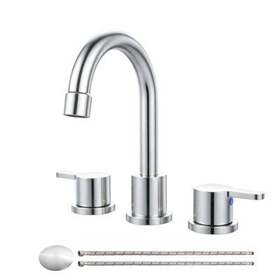 Robinet de salle de bain moderne à large entraxe avec bec pivotant à arc élevé, bonde escamotable et conduites d'alimentation