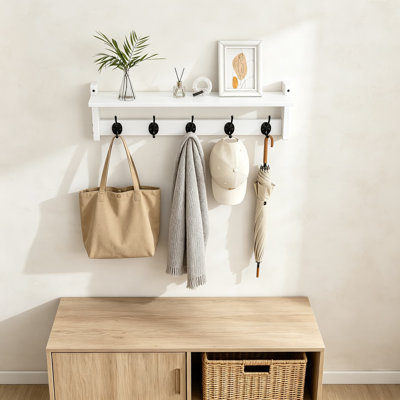 Portemanteau mural avec tablette, crochets muraux pour vestes de chapeaux, organisateur de rangement de couloir en bois rustique avec crochets en métal, décor de salon de ferme