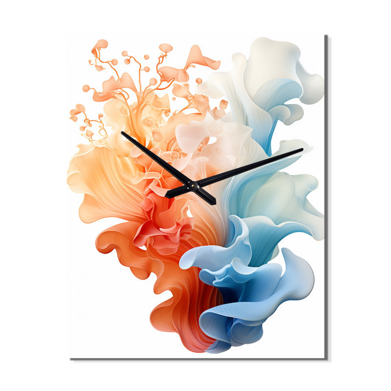 Horloge murale contemporaine à vagues abstraites orange et bleu III - Encre liquide abstraite, Très grand