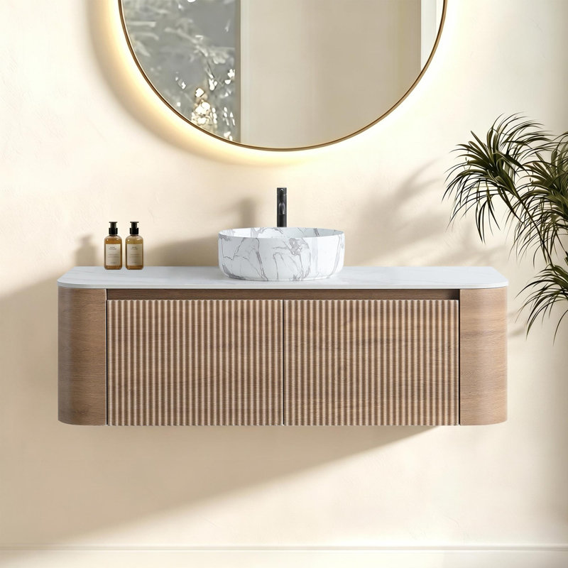 Wall Mounted Single Double Single Vanity Bathroom Vanity With Engineered Stone Top, Walnut, 48, White