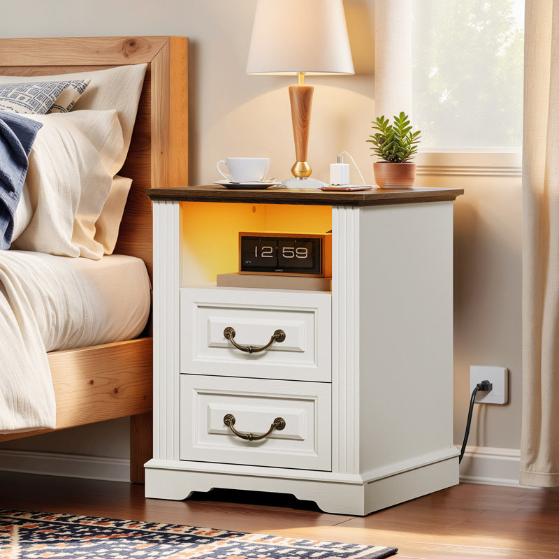 17.7"W Farmhouse End Table with 2 Darwers, Nightstand with Charging Station and Open Shelf for Bedroom, Living Room