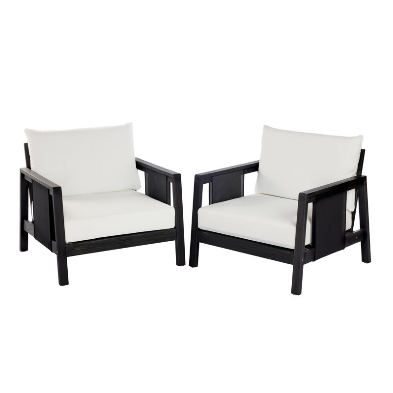 Chaises club d'extérieur (ensemble de 2), structure en bois d'acacia avec accents textilène noir, coussins blancs hydrofuges pour patio / cour arrière / terrasse
