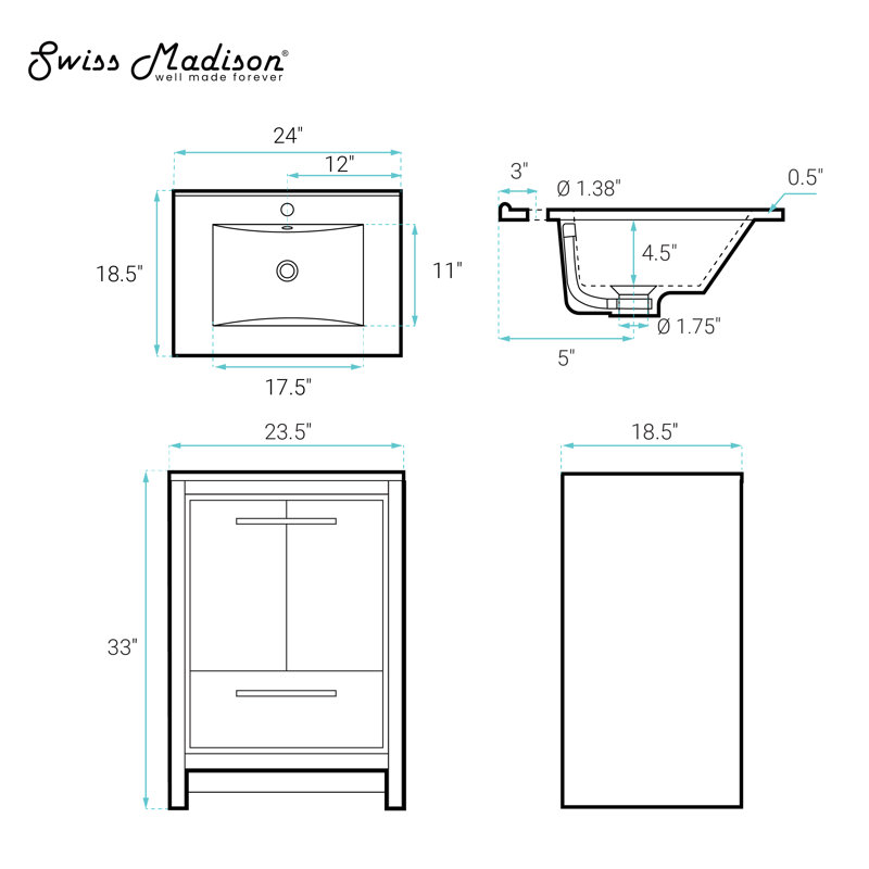 Virage 24" Freestanding Bathroom Vanity In Brown Oak With Sink Top, Black, Single Hole, Brown