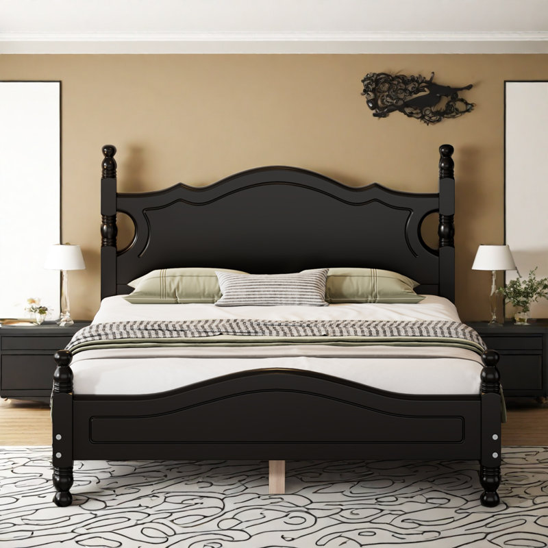 Lit plateforme moderne en bois massif rustique avec support de lattes durable, Lit double , Noir