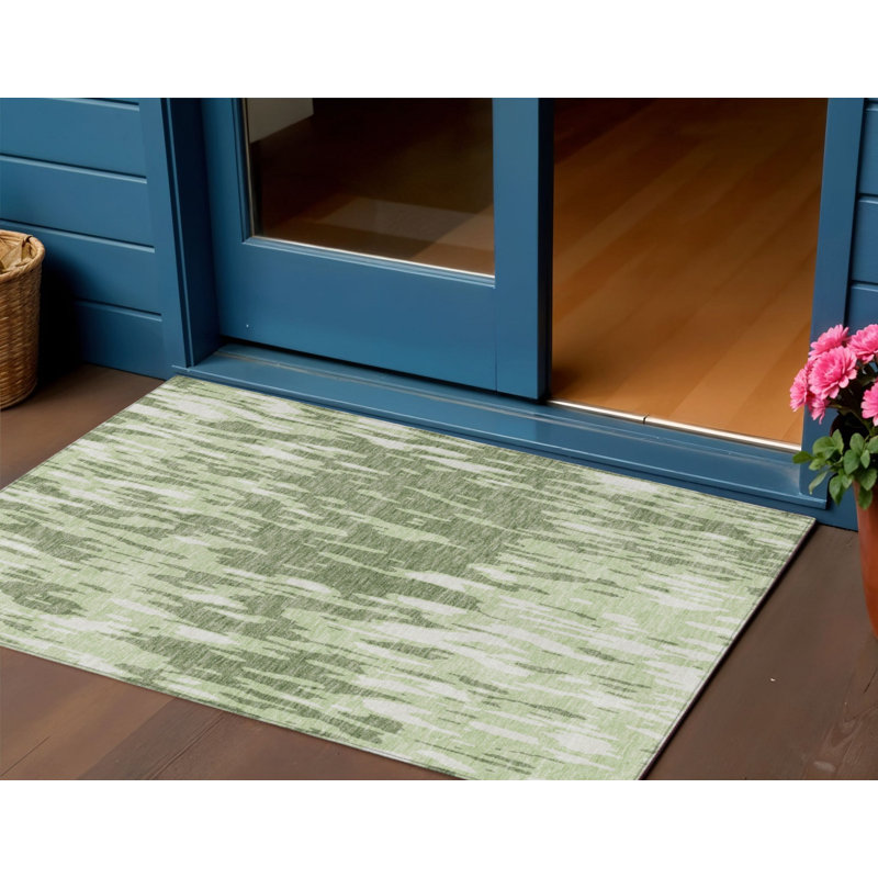 3' X 5' Green And Ivory Abstract Washable Indoor Outdoor Area Rug