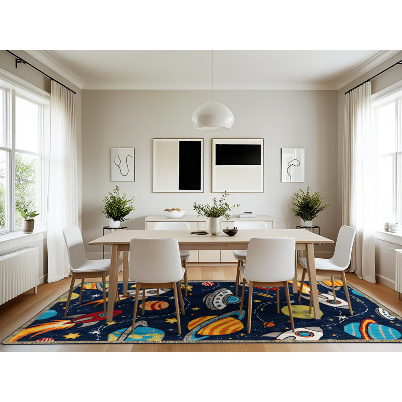 Machine Washable Transportation Blue Area Rug, Rectangle 7' x 10'