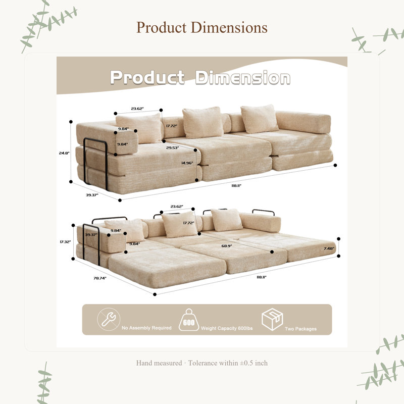Canapé-lit convertible Compression, 118.11" W, Beige Chenille