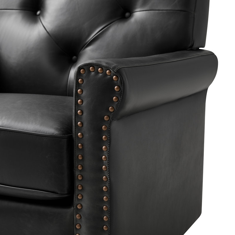 Chaise berçante pivotante en cuir véritable de 31 po avec dossier capitonné et garniture cloutée Stratton, Noir