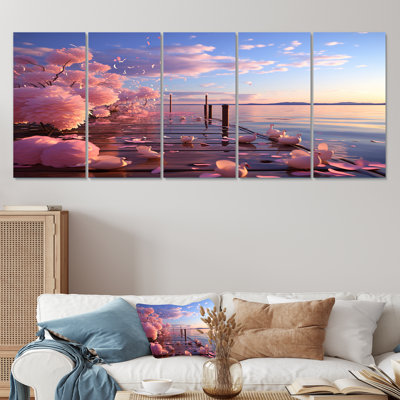 Gloomy Sunset By The Lake I - Coastal Pier, art mural 5 pièces