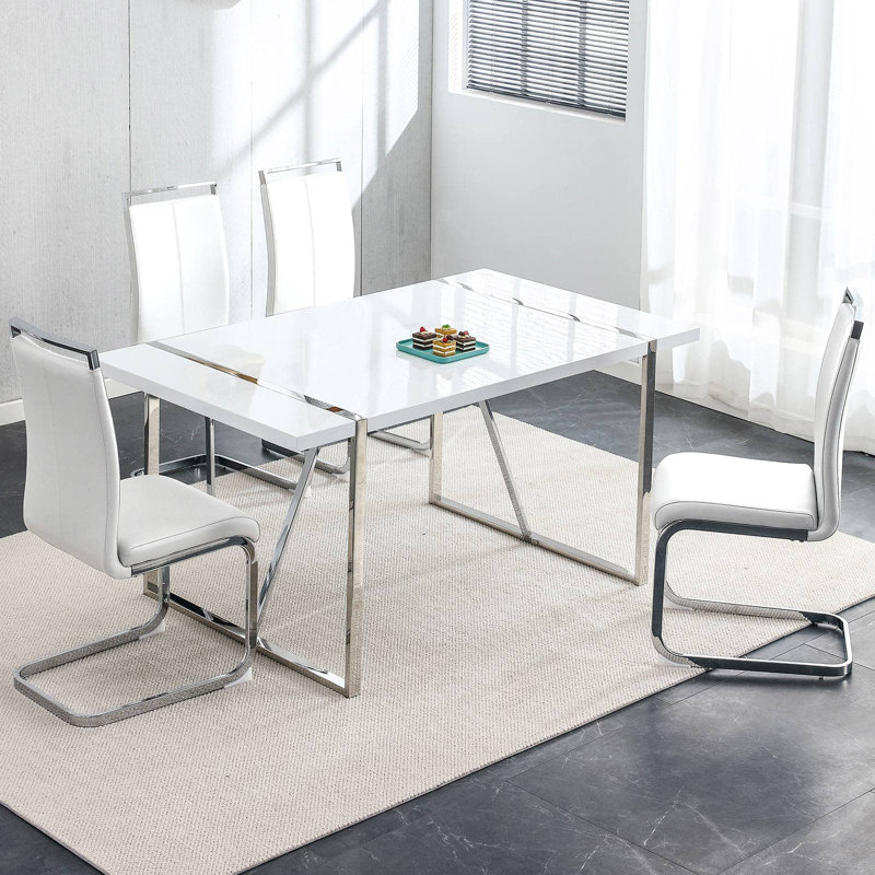 4 - Person Dining Set, Modern Rectangular Dining Table Set with 4 Luxury Faux Leather Dining Chairs, Silver, White/Silver