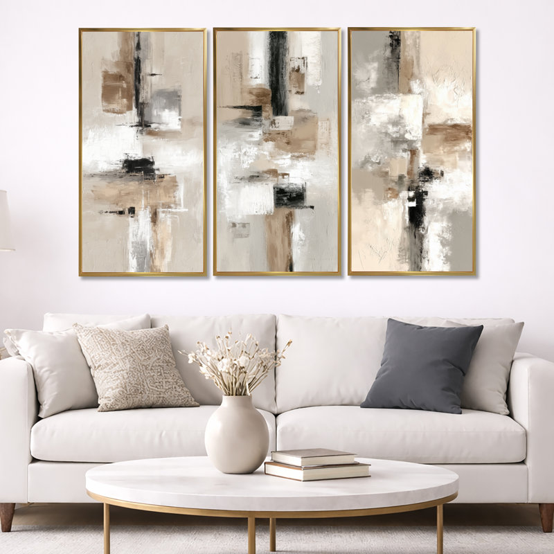 «Brown and Black Brushstroke», peinture abstraite I - cubisme abstrait, ensemble de 3 reproductions d'art sur toile