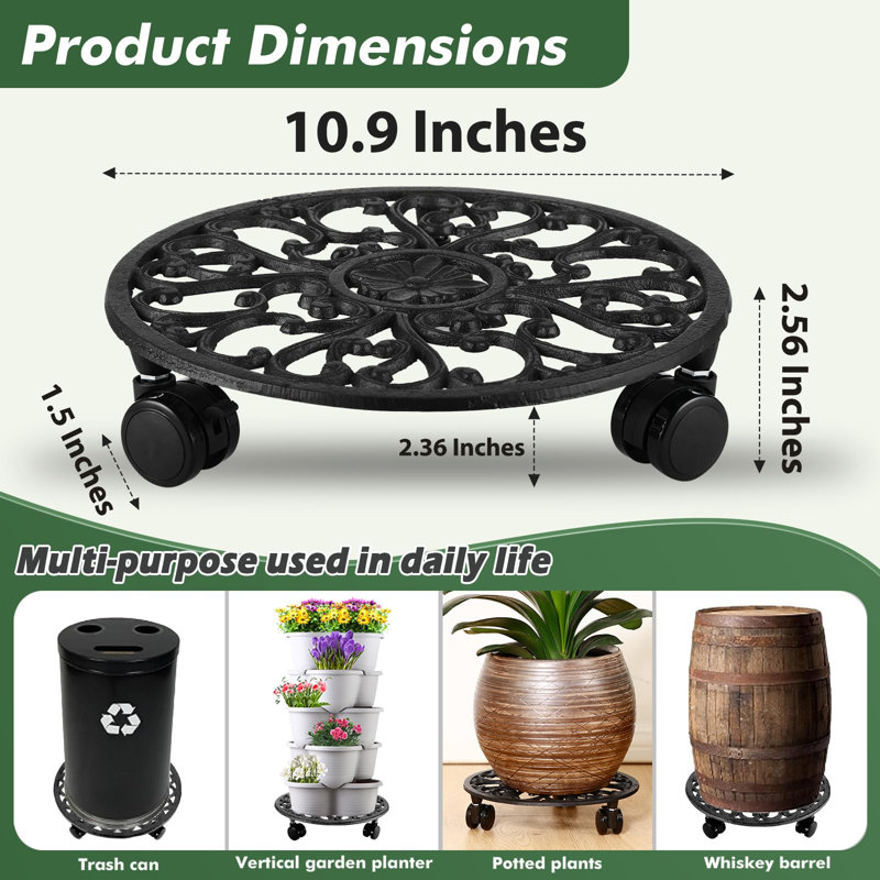 Support à plantes roulant de 27,7 cm (10,9 pouces) en fer forgé, robuste, lot de 1, noir, H 2,56 po x l 10,9 po x P 10,9 po