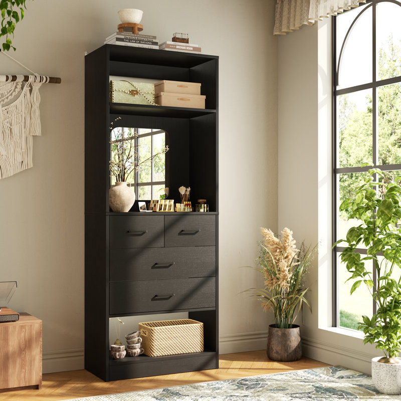 25" Closet System With 4 Wood Drawers And Mirror, Black