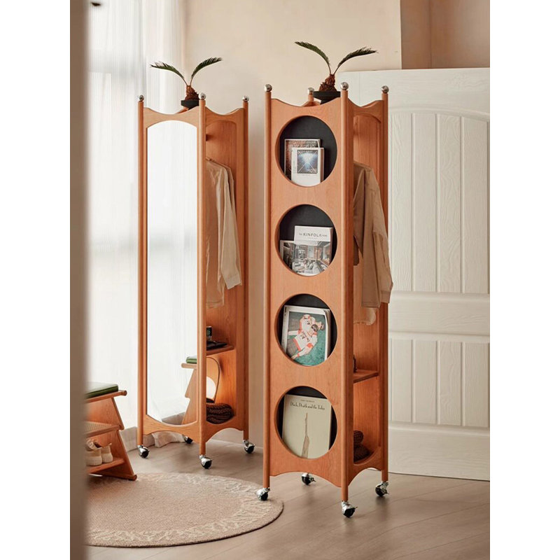 Miroir incurvé mobile en bois massif avec compartiments de rangement