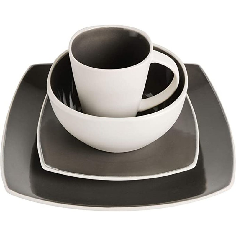 Gray and White Square Ceramic Dinnerware Set, Service for 4