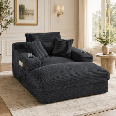 75.9‘’ D Oversized Corduroy Indoor Chaise Lounge with Dual Cup Holders Side Pocke