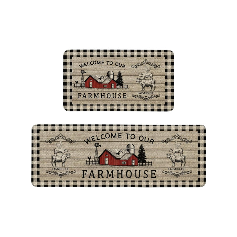 Ensemble de 2 tapis de cuisine Farmhouse Welcome Print pour cuisine et vestibule, beige et noir