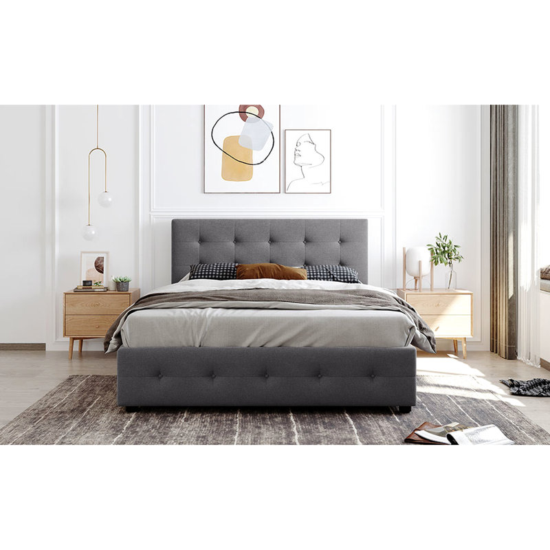 Grand lit plateforme tapissier avec tête de lit et 4 tiroirs - Sommier tapissier gris, Gris clair