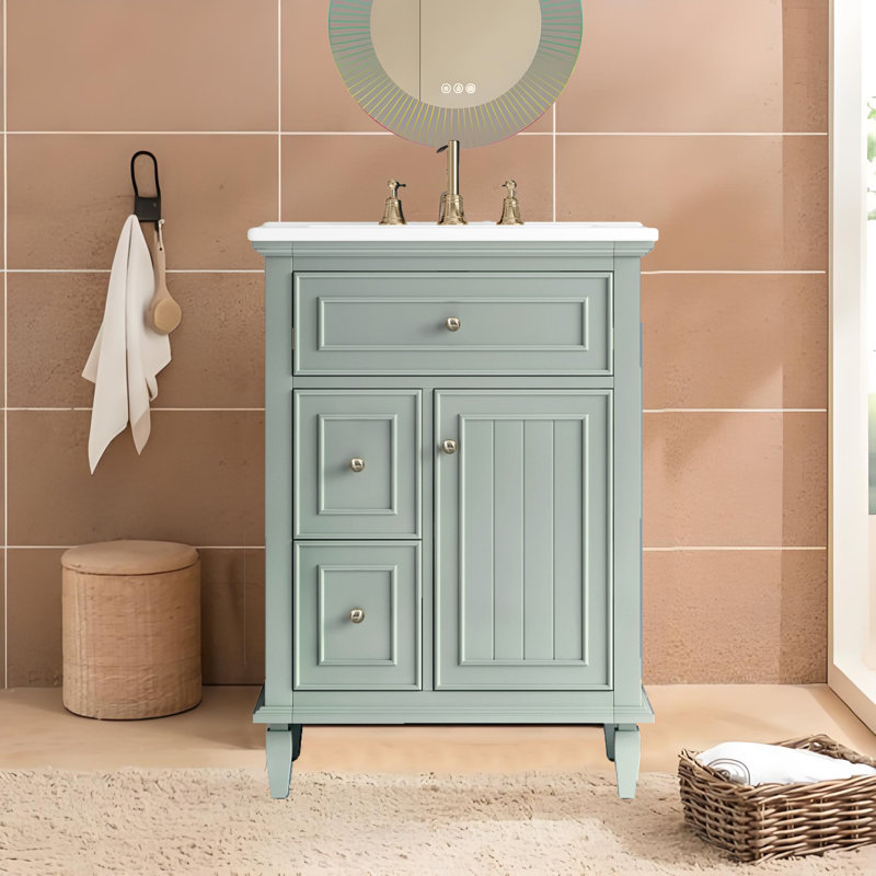 Ensemble de meuble-lavabo simple 24 po avec 3 tiroirs et une armoire 24 po, Vert clair, Acier Inoxydable