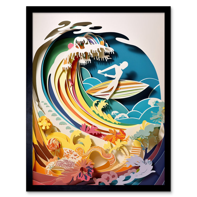 Rainbow Kirigami Surfer Surfing Coastal Landscape - Single Picture Frame Print