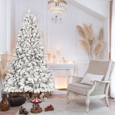 Flocked Christmas Tree With 550 UL Lights And 49 Natural Pine Cones – Snowy PVC Tips, 1474 Tips, Hinged Structure, Stable Metal Stand, Easy Setup