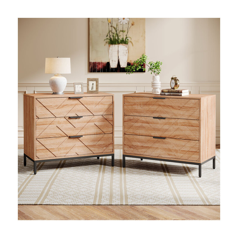 3 Drawers Nightstand , 31" Large Wooden Bed Side Table, Set of 2