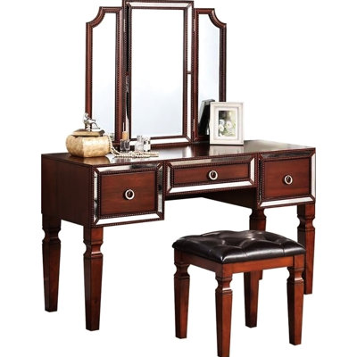 Majestic Cherry Color Bedroom Vanity And Stool - 3 Storage Drawers & Glass Classic With Stool, Tri Mirror