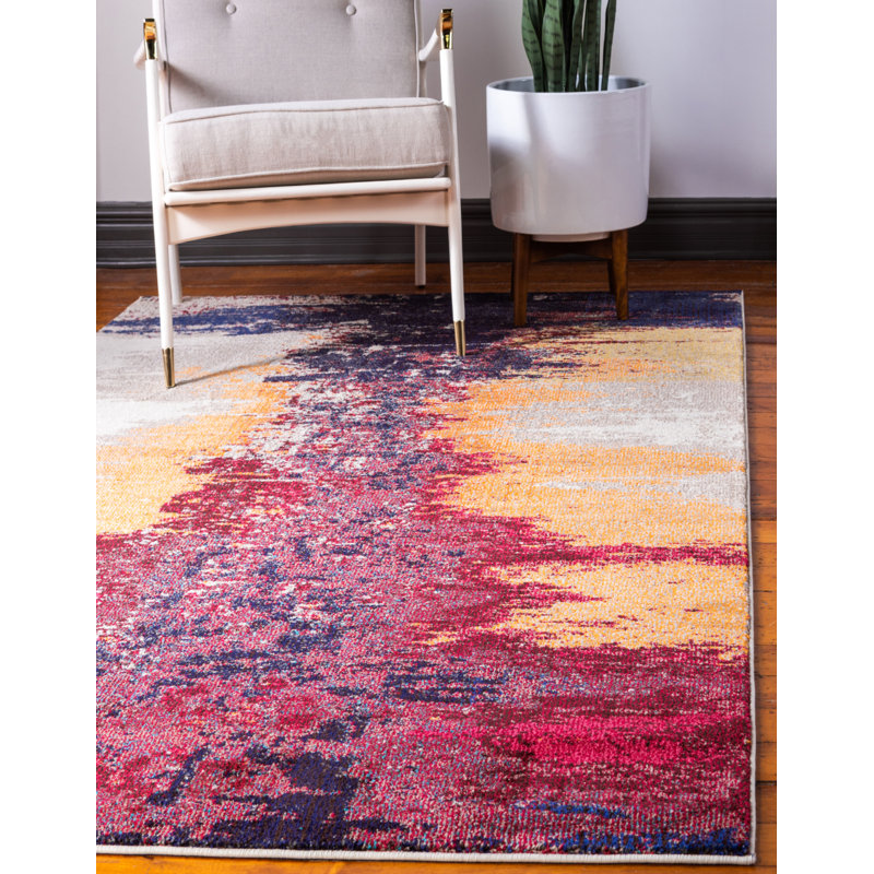 Tapis rouge / mauve / orange à motif abstrait Rizer, Rectangle 9 pi x 12 pi 2 po