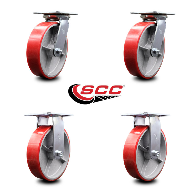 8 Inch Poly on Cast Iron Caster Set with Roller Bearings 2 Swivel 2 Rigid, Rouge