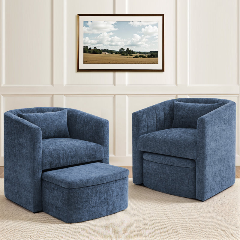 Fauteuil demi-tonneau avec pouf avec rangement Lane (ensemble de 2), Chenille bleu
