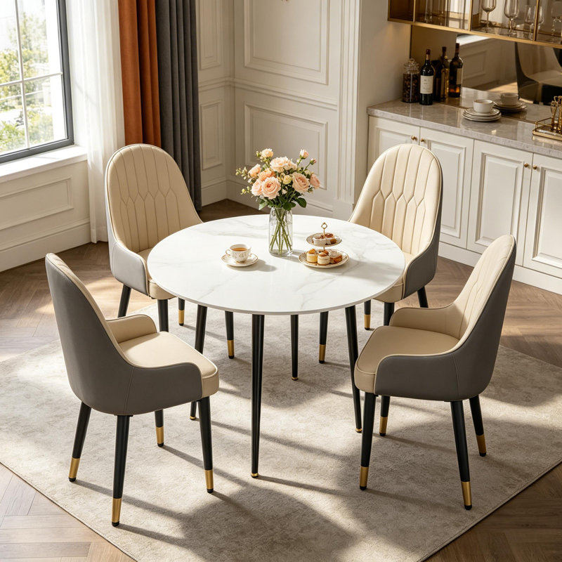 Round Dining Table And 4 Chairs Set, 5pcs Dining Room Sets For Restaurant Kitchen Office, 2-4 Seaters Marble Table And Light Khaki Microfiber Silicone Leather Kitchen Chairs Set Of 4