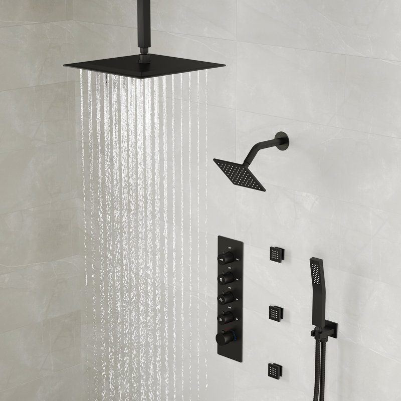  Thermostatic Dual Showerheads System, Ceiling Mount 16" High-Pressure Rainfall Shower Faucet with Handheld Spray and Body Jet