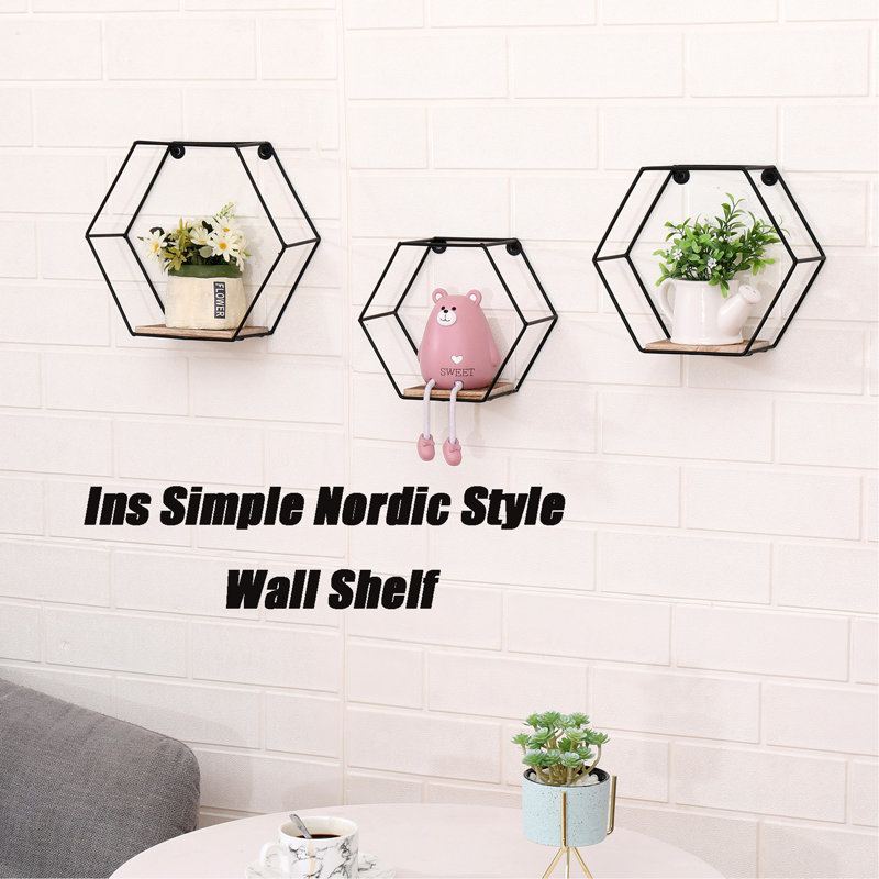 Wall Mounted Hexagonal Floating Shelves Black Set Of 3 In Different Sizes, Modern Metal Wall Shelf, Simple Wood Partition Storage Shelves, Wall Decor Rack For Bedroom, Living Room, Kitchen And Office