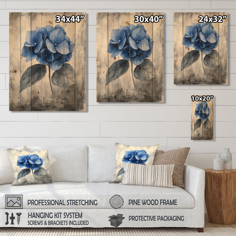 Rétro hortensia en champ monochrome I - art mural bois d'hortensia - sur bois de pin naturel, H 44 po x l 34 po x P 0,78 po