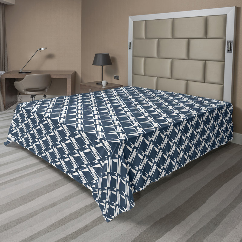 Drap plat moderne de style bohème Ambesonne, Full Flat Sheet, Bleu ciel foncé / motif géométrique blanc
