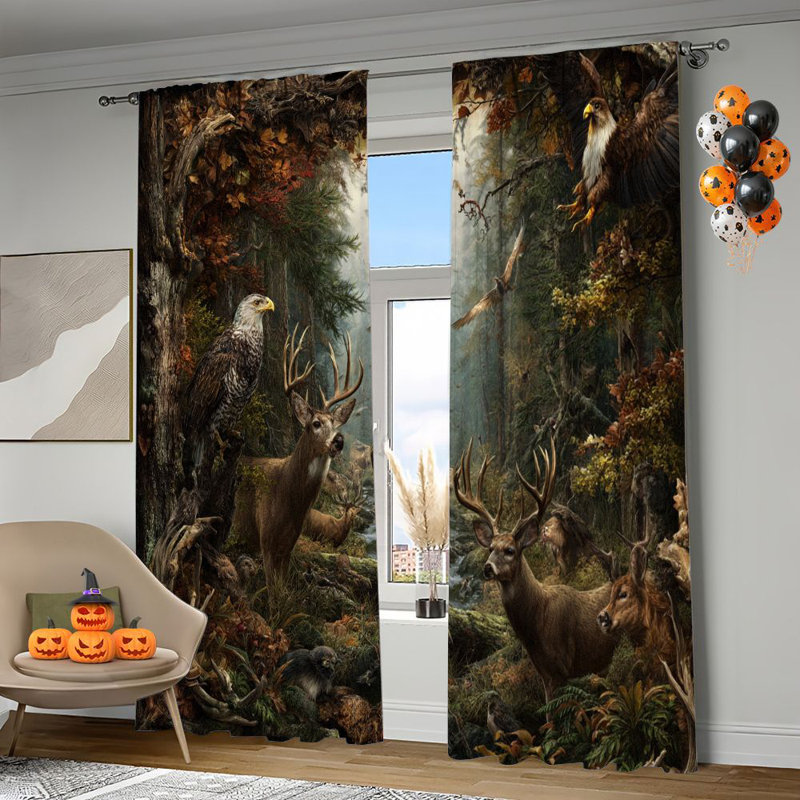 2Pcs Forest Wildlife Theme Window Curtains With Eagles Deer Nature Scene Rod Pocket Panels for Living Room Bedroom Dining Kitchen Home Decor Light Filtering Privacy Treatment Drapes
