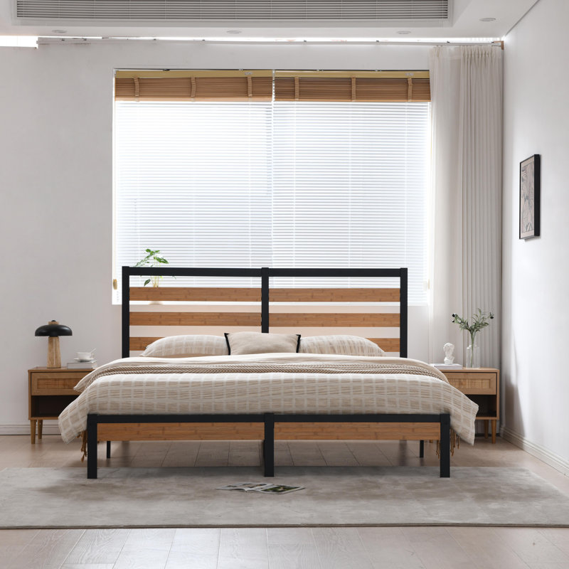 Base de lit plateforme Mayghan avec tête et pied de lit en bois, Très grand, Bambou