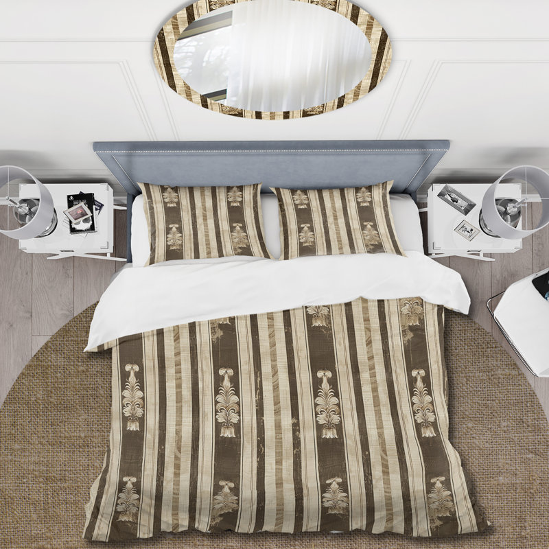 Ensemble de housse de couette à motif rayé brun et beige II, Housse de couette simple et deux taies décorative