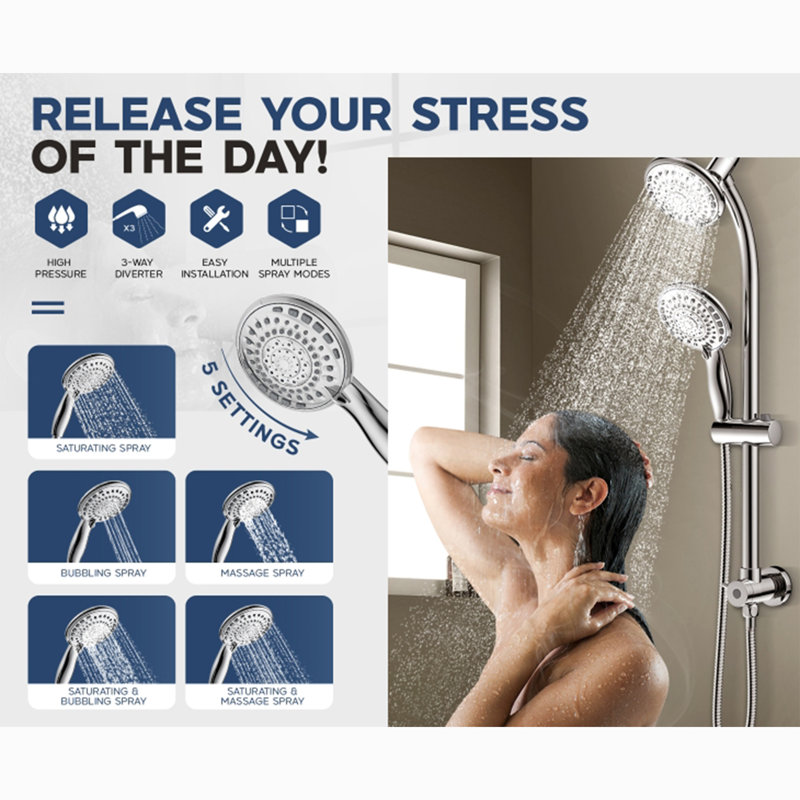 Combo de douche à main et de pluie à 5 fonctions - Pomme de douche réglable de 5 po avec barre coulissante en acier inoxydable sans perçage de 27,5 po et tuyau de 5 pi
