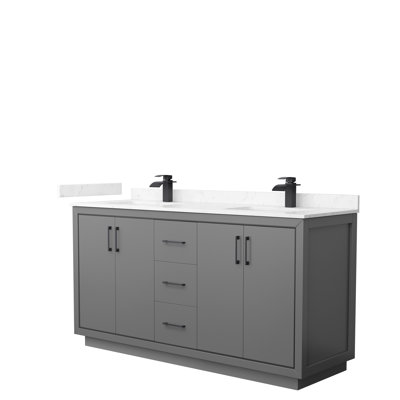 Meuble-lavabo double de 66 po Icon en bleu foncé, comptoir en marbre de culture de Carrare, lavabos carrés encastrés, marbre de culture en nickel brossé