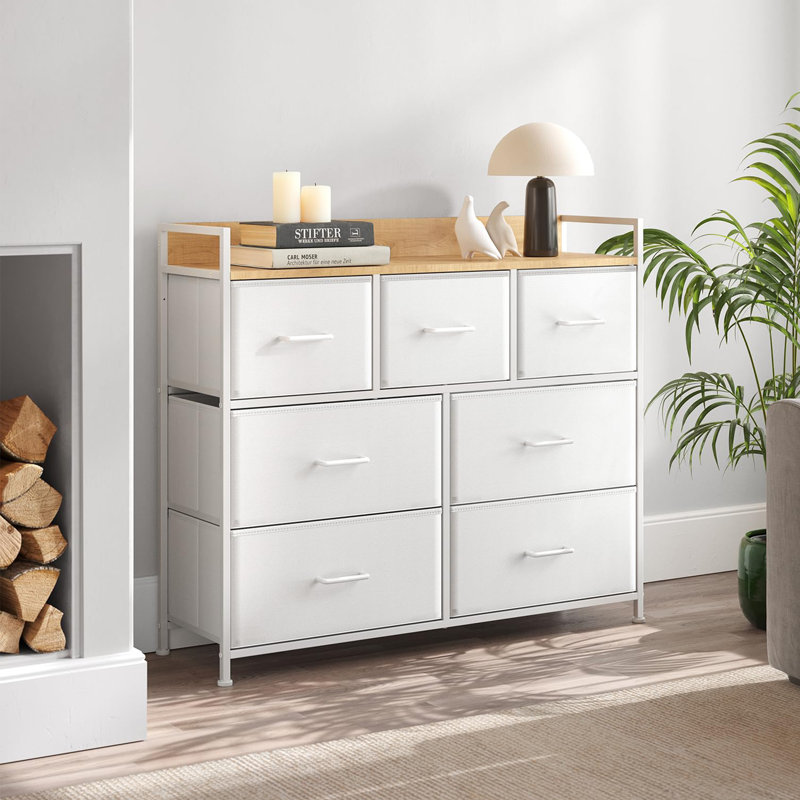 Chest Of Drawers, Bedroom Cabinet, 7 Fabric Drawers With Handles, Metal Frame, Cloud White