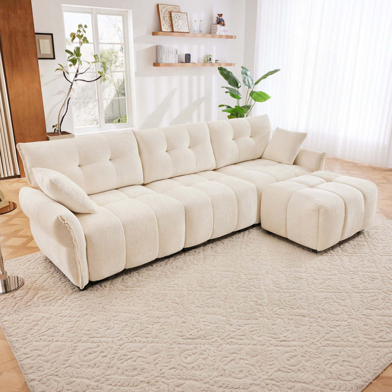 Canapé 3 places avec repose-pieds Chenille, Blanc