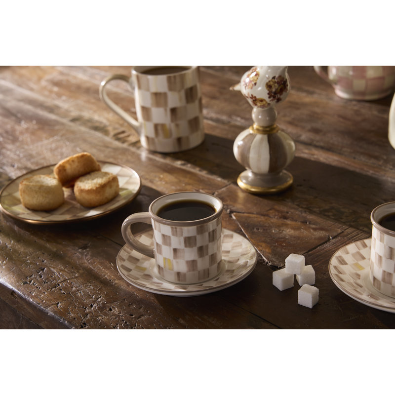 Sterling Check Stoneware Espresso Cup and Saucer, Set of 4, Pink/White