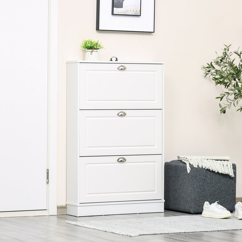 Armoire à chaussures avec 3 tiroirs rabattables, armoire de rangement étroite moderne avec comptoir, unité de rangement pour 12 paires de chaussures pour le couloir, blanc