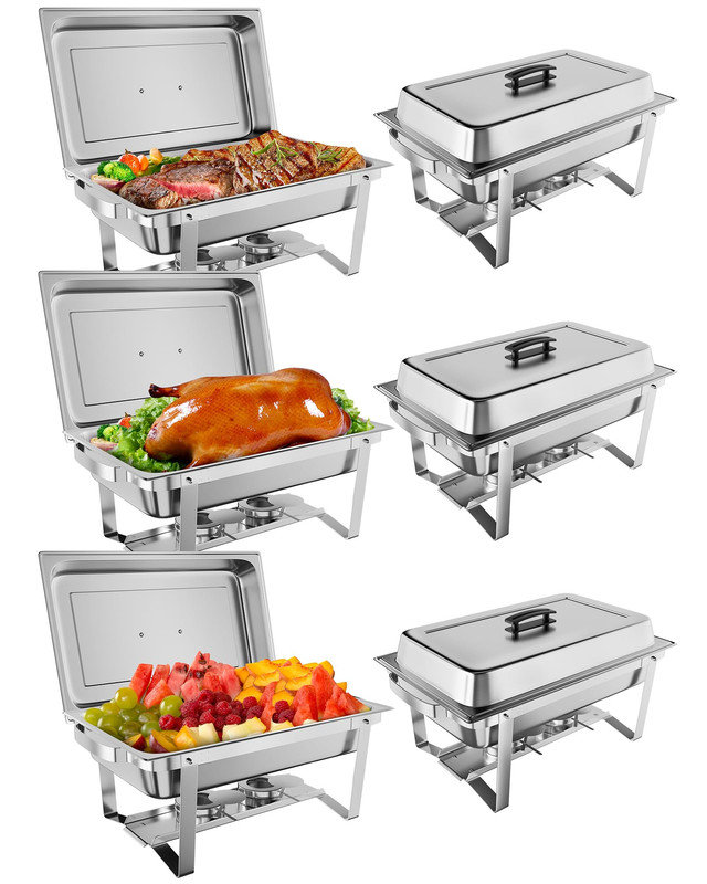 Ensemble de 6 réchauds à buffet 8 pte - Réchaud rectangulaire en acier inoxydable avec réservoir d'eau et support à carburant pour la restauration et les événements