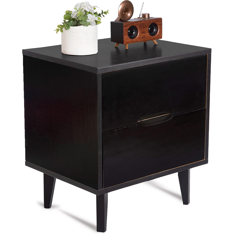 Table de chevet moderne Mid-Century avec poignée rainurée, 2 tiroirs et tablette ouverte, table de chevet en bois de chêne massif pour le rangement de la chambre à coucher