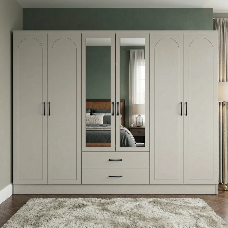Millbury 6 Door 2 Drawer Wardrobe with Mirror, Light Grey